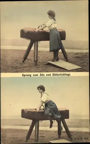 Ak Turnerin, Sprung zum Sitz und Stützrücklings