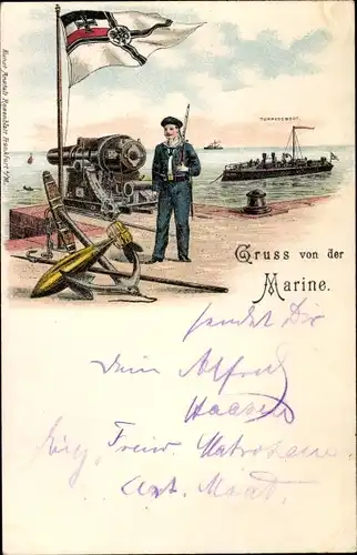 Litho Kaiserliche Marine, Seemann, Fahne, Torpedoboot