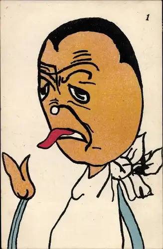 Künstler Ak Mann mit umgebundener Serviette streckt die Zunge heraus