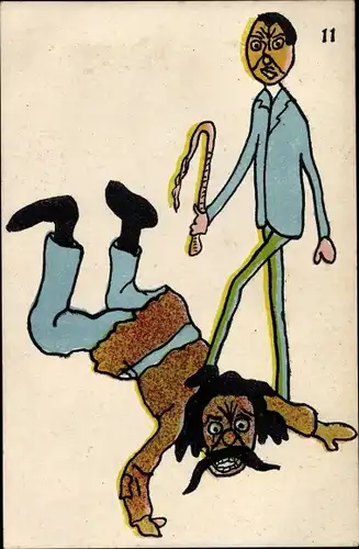 Künstler Ak Mann mit Peitsche tritt auf den Rücken eines liegenden Mannes