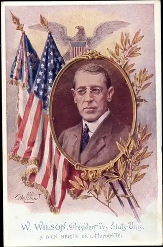 Künstler Ak Woodrow Wilson, Président des Etats Unis, Fahne