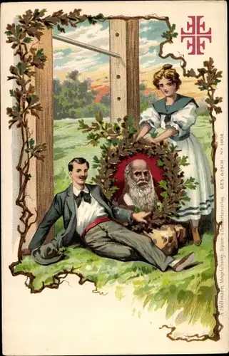 Litho Frau bekränzt Turnvater Jahn Portrait, Turner, Reckstange