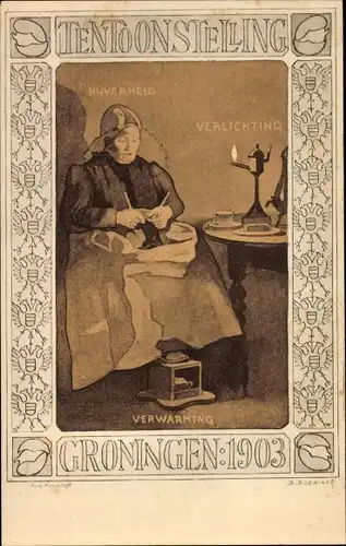 Ak Groningen Niederlande, Tentoonstelling 1903, Nijverheid, Verlichting, Verwarming, strickende Frau
