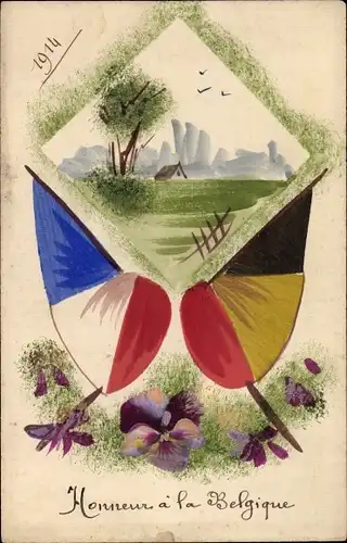Handgemalt Ak Honneur a la Belgique, belgische und französische Flagge, 1914