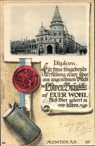 Ak München Bayern, Löwenbräu Keller, Diplom, Bierkrug