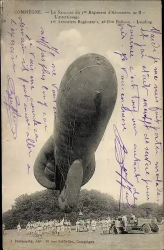 Ak Compiègne Oise, La Saucisse du 1er Regiment d'Aerostiers 2e Bataillon, Atterissage, Militärballon