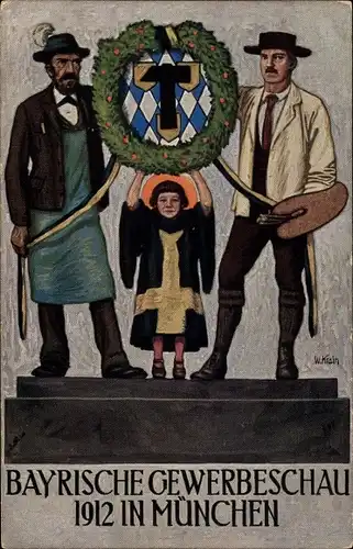 Künstler Ak Krain, W., Bayrische Gewerbeschau 1912 in München, Münchner Kindl, Maler