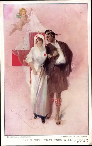 Künstler Ak All's well that ends well, verwundeter Soldat mit Krankenschwester, Rotes Kreuz