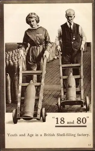 Ak British Shell filling factory, Youth and Age, 18 and 80, Kriegsdienst britische Munitionsfabrik