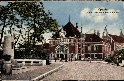 Ak Opole Oppeln Schlesien, Bismarckdenkmal und Bahnhof