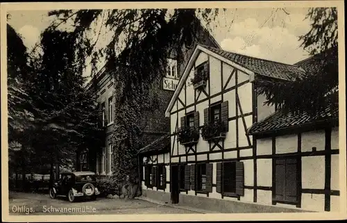 Ak Ohligs Solingen, Restauration und Cafe Schwanenmühle, Fachwerkhaus, Automobil