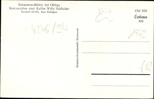 Ak Ohligs Solingen, Restauration und Cafe Schwanenmühle, Fachwerkhaus, Automobil