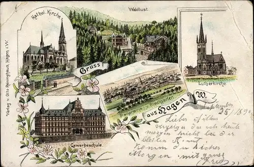 Litho Hagen in Westfalen, Waldlust, Stadtgarten, Lutherkirche, Gewerbeschule