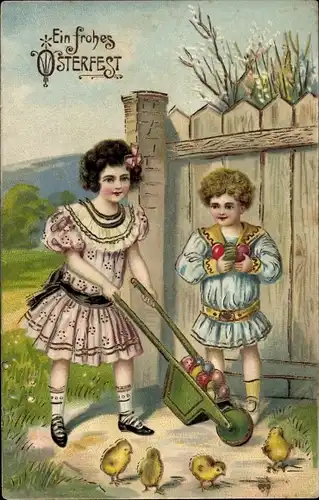 Präge Litho Glückwunsch Ostern, Kinder mit Schubkarre und Ostereiern, Küken