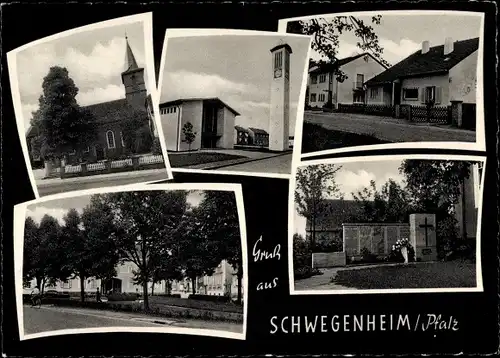 Ak Schwegenheim in der Pfalz, Kirchen, Park, Denkmal, Häuser