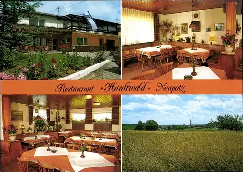 Ak Neupotz in der Pfalz,Restaurant Hardtwald, Gasträume, Felder mit Kirche