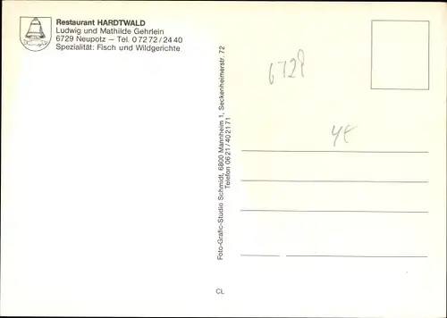 Ak Neupotz in der Pfalz,Restaurant Hardtwald, Gasträume, Felder mit Kirche