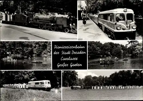 Ak Dresden Zentrum Altstadt, Pioniereisenbahn, Carolasee, Großer Garten