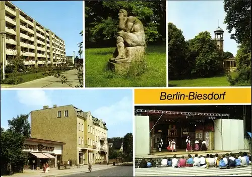 Ak Berlin Marzahn Biesdorf, Wohngebiet Albert Norden Straße, Plastik im Schlosspark, Oberfeldstraße