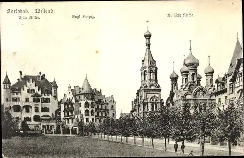 Ak Karlovy Vary Karlsbad Stadt, Villa Ritter, Russische Kirche, Ev. Hospiz