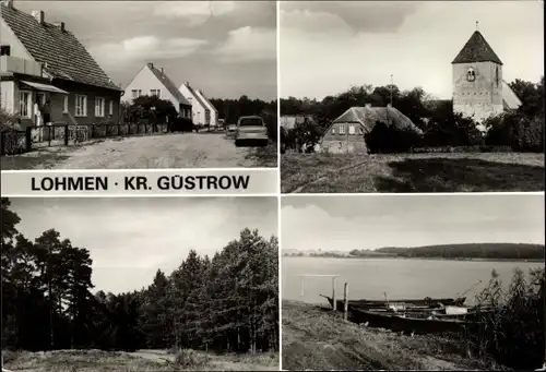 Ak Lohmen in Mecklenburg, Teilansicht, Kirche, Wald, Ufer