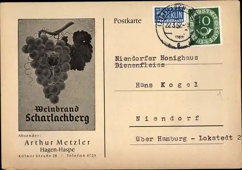 Reklame Ak Haspe Hagen Westfalen, Weinbrand Scharlachberg, Arthur Metzler, Kölner Str. 28