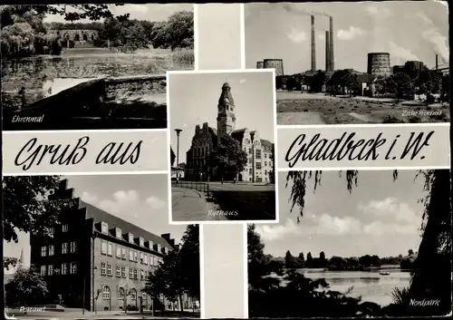 Ak Gladbeck im Ruhrgebiet, Rathaus, Postamt, Ehrenmal, Zeche, Nordpark