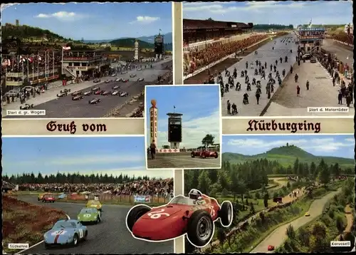 Ak Nürburg in der Eifel, Nürburgring, Start der Motorräder und Autos, Karussell