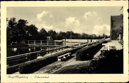 Ak Burg bei Magdeburg, Blick in das Schwimmbad, Rettungsring, Schwimmbecken