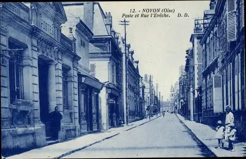 Ak Noyon Oise, Poste et Rue l'Eveche