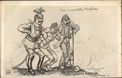 Künstler Ak Karikatur, la nouvelle triplice, Kaiser Franz Joseph I., Kaiser Wilhelm II., Türkei
