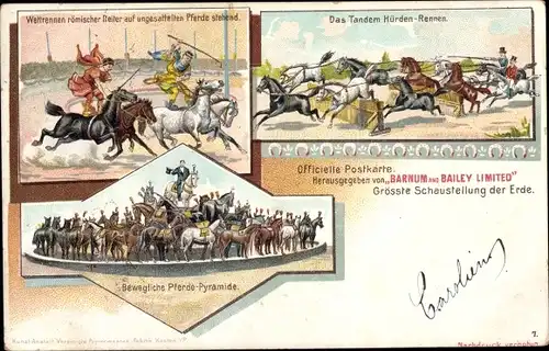 Litho Zirkus, Barnum and Bailey Ltd, Tandem Hürden Rennen, römische Reiter, Pferdepyramide