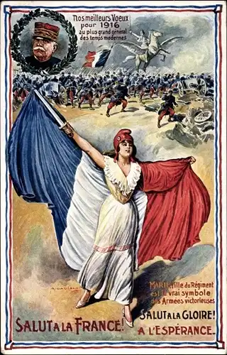 Künstler Ak General Joseph Joffre, Salut a la France, a la Gloire, a l'Esperance, Allegorie