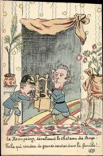 Künstler Ak Karikatur, Kronprinz Wilhelm von Preußen und Kaiser Wilhelm II. streiten um Klostuhl