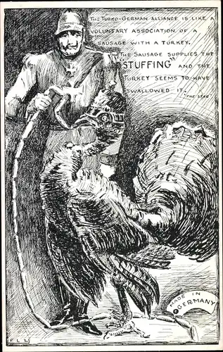 Ak Made in Germany, Turko German Alliance, Kaiser Wilhelm II., Truthahn, Würste, Karikatur