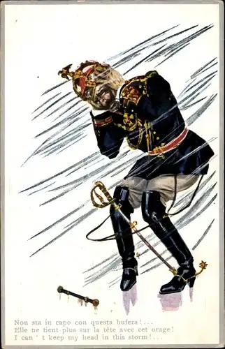 Ak Karikatur, Kaiser Wilhelm II. im Sturm, Non sta in capo con questa bufera