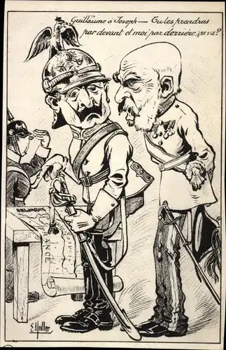 Künstler Ak Guillaume a Joseph, Karikatur, Kaiser Wilhelm II., Kaiser Franz Joseph I.