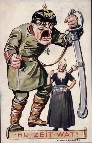 Künstler Ak Molkenboer, Hij Zeit Wat, Karikatur, Kaiser Wilhelm II., Frau in Tracht