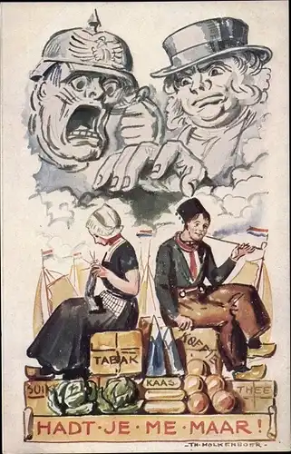 Künstler Ak Molkenboer, Jadt Je Me Maar, Paar in Trachten, Karikatur, Kaiser Wilhelm II.