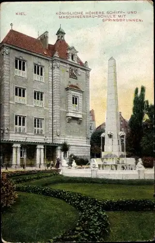 Ak Kiel in Schleswig Holstein, Kgl. Höhere Schiff und Maschinenbauschule, Springbrunnen