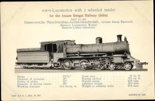 Ak Indische Eisenbahn, Assam Bengal Railway, Hanomag, 4-6-0 Lokomotive mit Tender