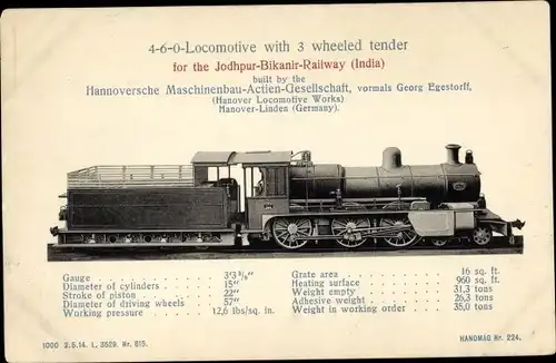 Ak Indische Eisenbahn, 4-6-0 Lokomotive mit Tender, Jodhpur Bikanir Railway, Hanomag