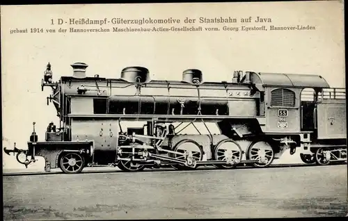 Ak Indonesische Eisenbahn, 1 D Güterzuglokomotive, Staatsbahn auf Java, Hanomag, Dampflok
