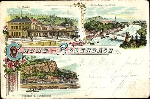 Litho Podmokly Bodenbach Děčín Tetschen an der Elbe Region Aussig, Bahnhof, Schloss, Brücke