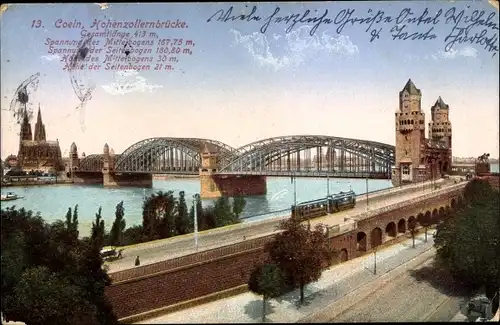 Ak Köln am Rhein, Hohenzollernbrücke, Straßenbahn