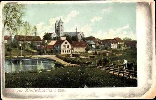 Ak Bad Klosterlausnitz in Thüringen, Teilansicht, Kirche, Teich, Holzlager