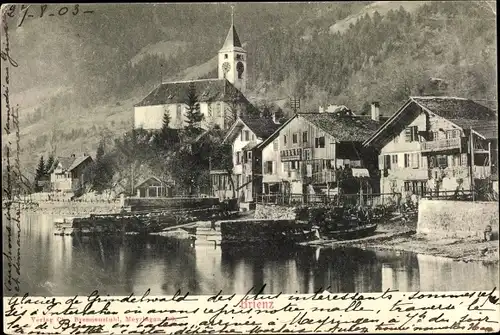 Ak Brienz Kanton Bern, Hausansichten am Ufer mit Kirche