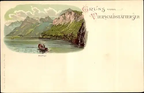 Litho Rütli Kt. Uri Schweiz, Ruderboot im Vierwaldstättersee, Felswand