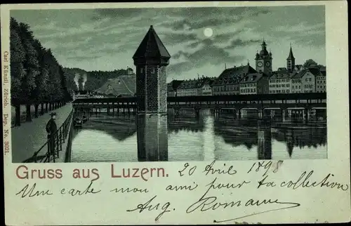Mondschein Litho Luzern Stadt Schweiz, Kapellbrücke