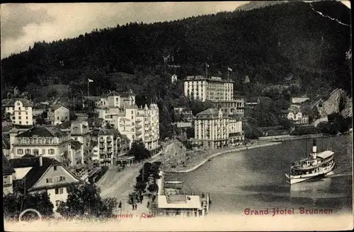 Ak Brunnen Kt Schwyz, Grand Hotel Brunnen, Dampfer